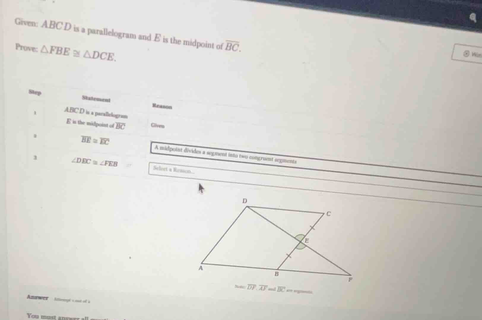given: abcd is a parallelogram and e is the midpoint of \\(\\overline{b…