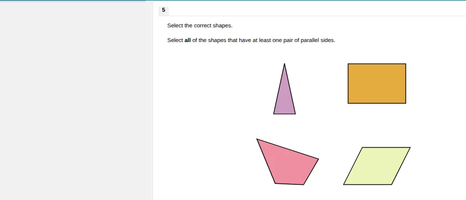 5 select the correct shapes. select all of the shapes that have at leas…