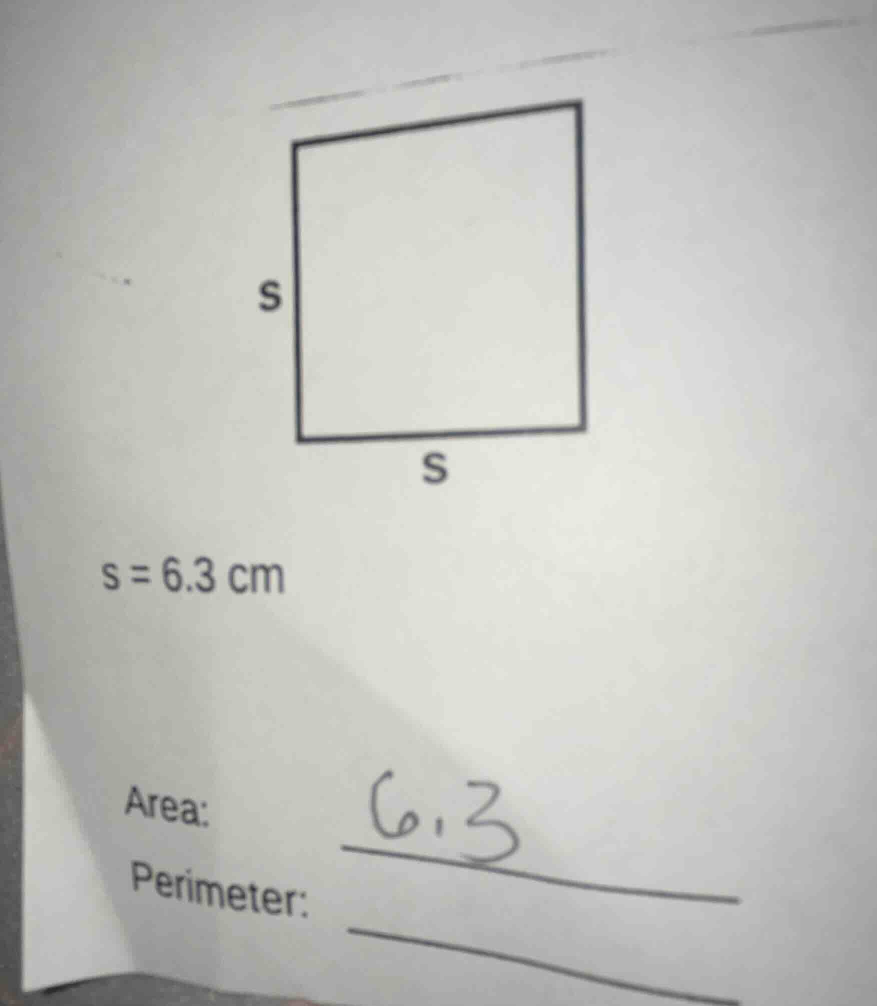 there is a square with side length labeled as s. below the square, it i…