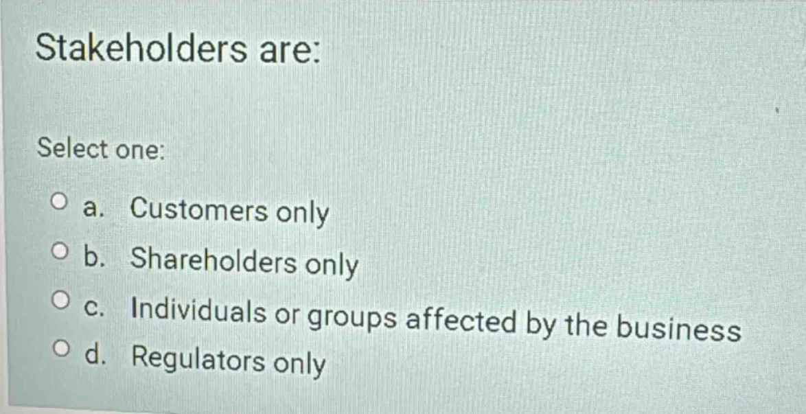 stakeholders are: select one: a. customers only b. shareholders only c.…