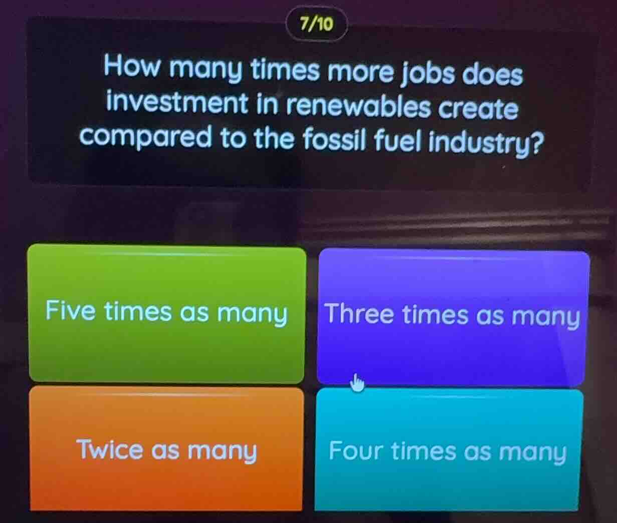 7/10 how many times more jobs does investment in renewables create comp…