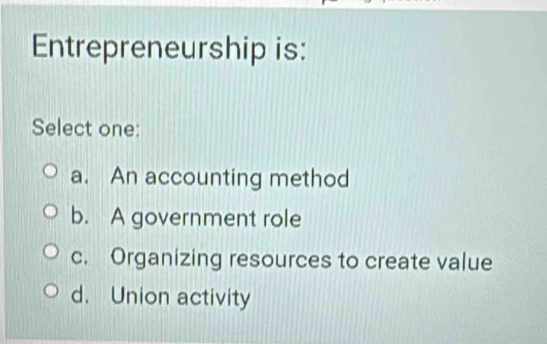 entrepreneurship is: select one: a. an accounting method b. a governmen…