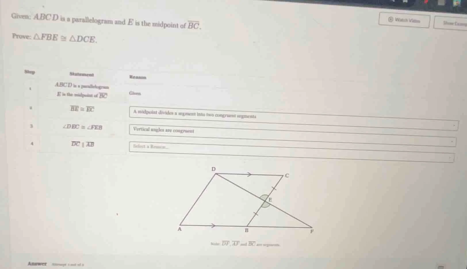 given: abcd is a parallelogram and e is the midpoint of \\(\\overline{b…