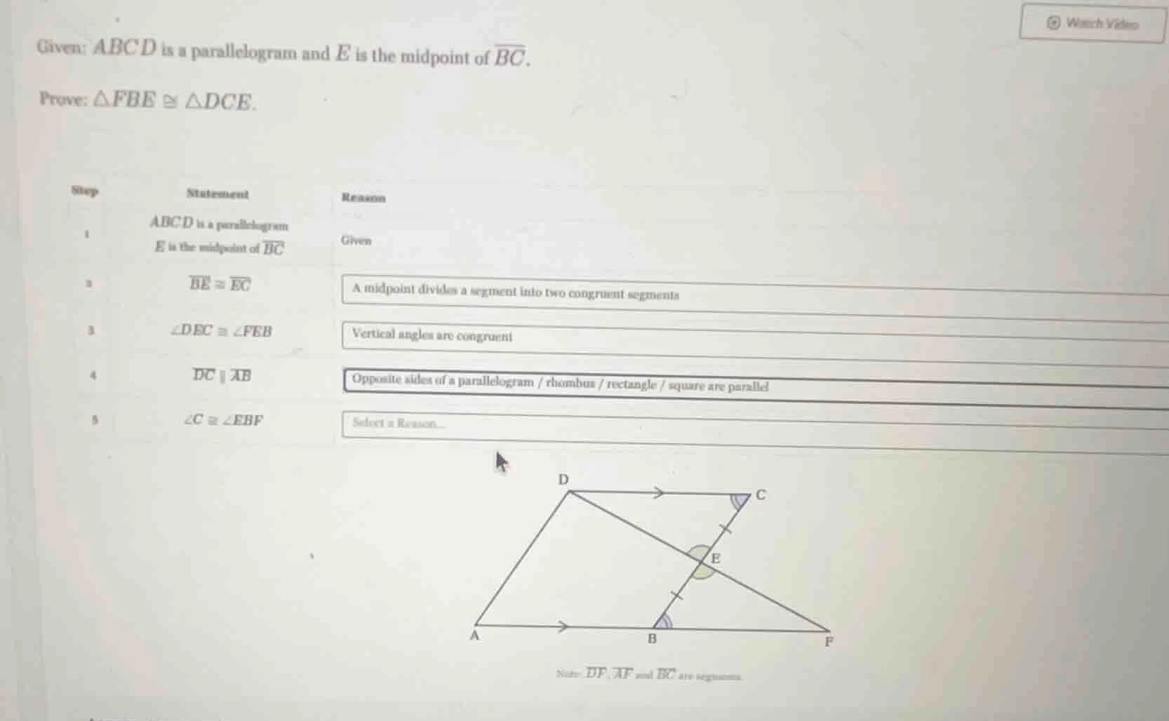given: abcd is a parallelogram and e is the midpoint of \\(\\overline{b…