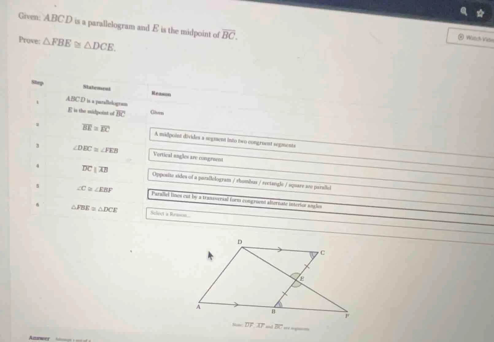given: abcd is a parallelogram and e is the midpoint of \\(\\overline{b…