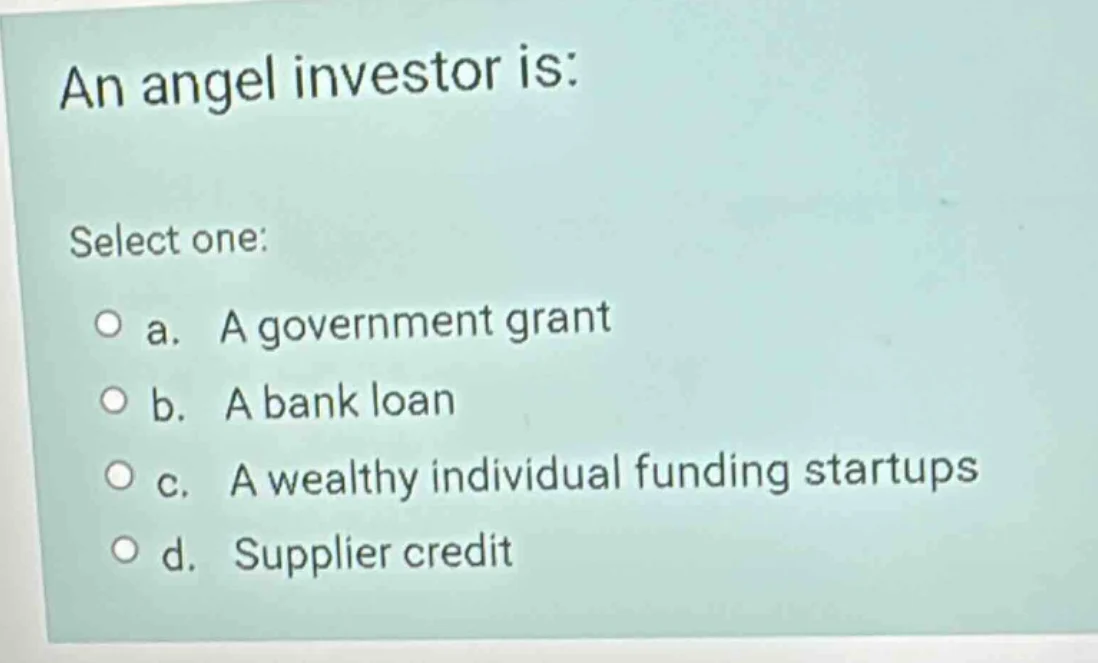 an angel investor is: select one: a. a government grant b. a bank loan …