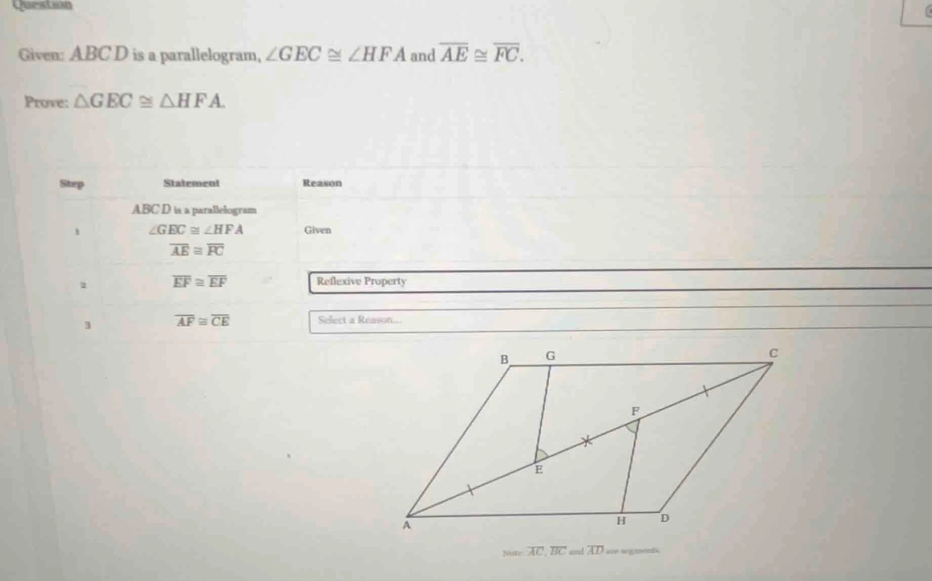 question given: abcd is a parallelogram, ∠gec ≅ ∠hfa and \\(\\overline{…