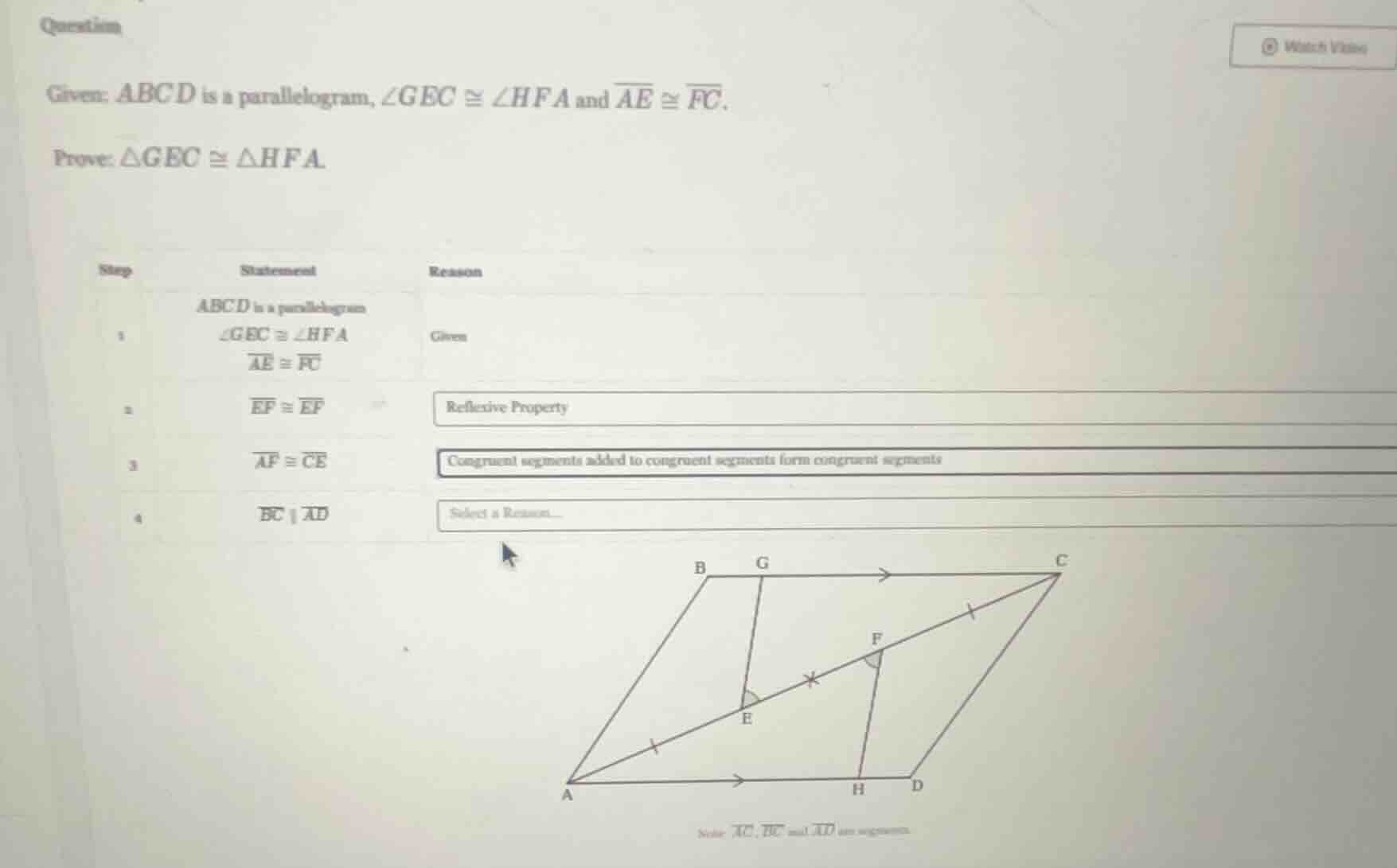 question given: abcd is a parallelogram, $\\angle gec \\cong \\angle hf…