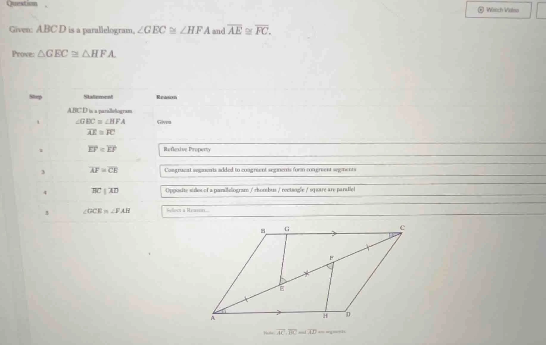 question given: abcd is a parallelogram, ∠gec ≅ ∠hfa and \\(\\overline{…