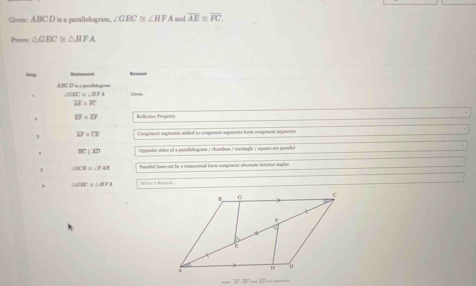 given: abcd is a parallelogram, ∠gec ≅ ∠hfa and \\(\\overline{ae} \\con…