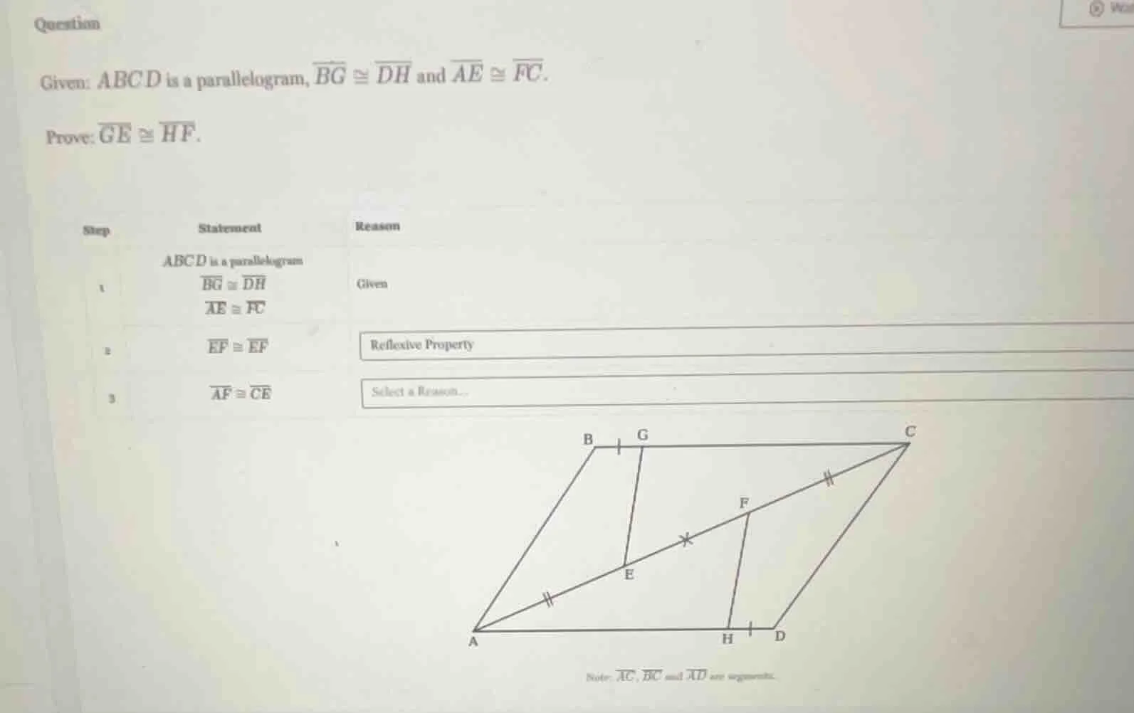 question given: abcd is a parallelogram, \\(\\overline{bg} \\cong \\ove…