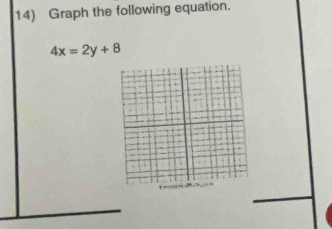 14) graph the following equation. 4x = 2y + 8