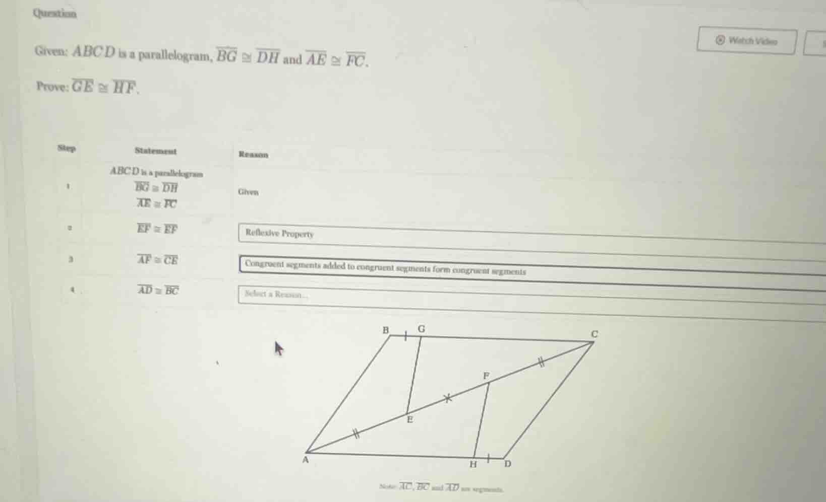 question given: abcd is a parallelogram, \\(\\overline{bg} \\cong \\ove…