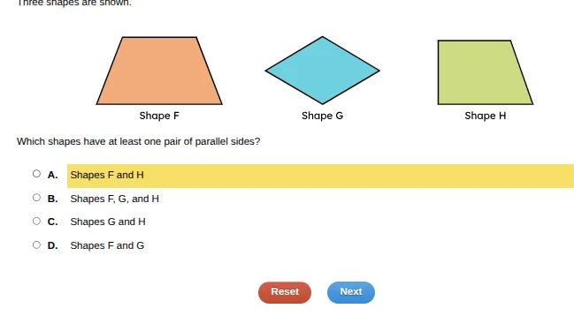 three shapes are shown. shape f (trapezoid), shape g (rhombus), shape h…