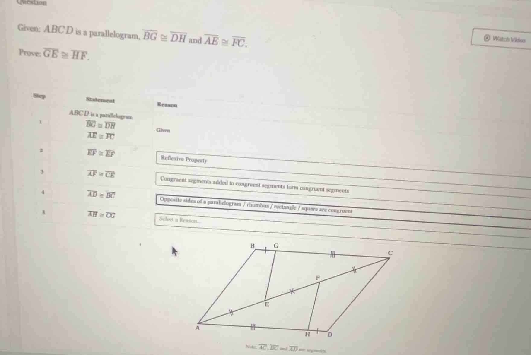 question given: (abcd) is a parallelogram, (overline{bg} cong overline{…