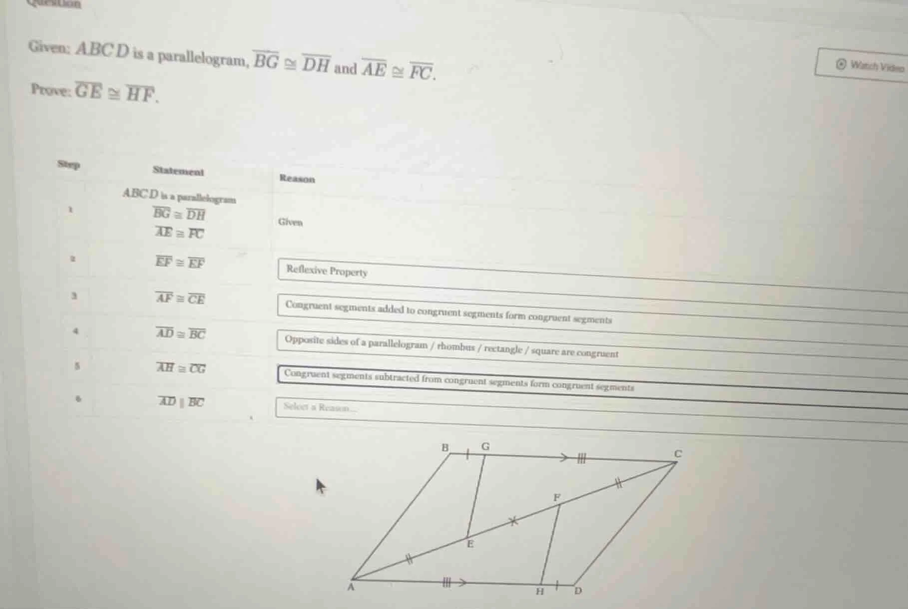 given: abcd is a parallelogram, \\(\\overline{bg} \\cong \\overline{dh}…