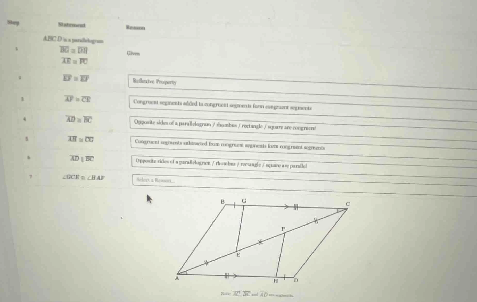 step statement\treason 1\tabcd is a parallelogram \t\\overline{bg} \\co…