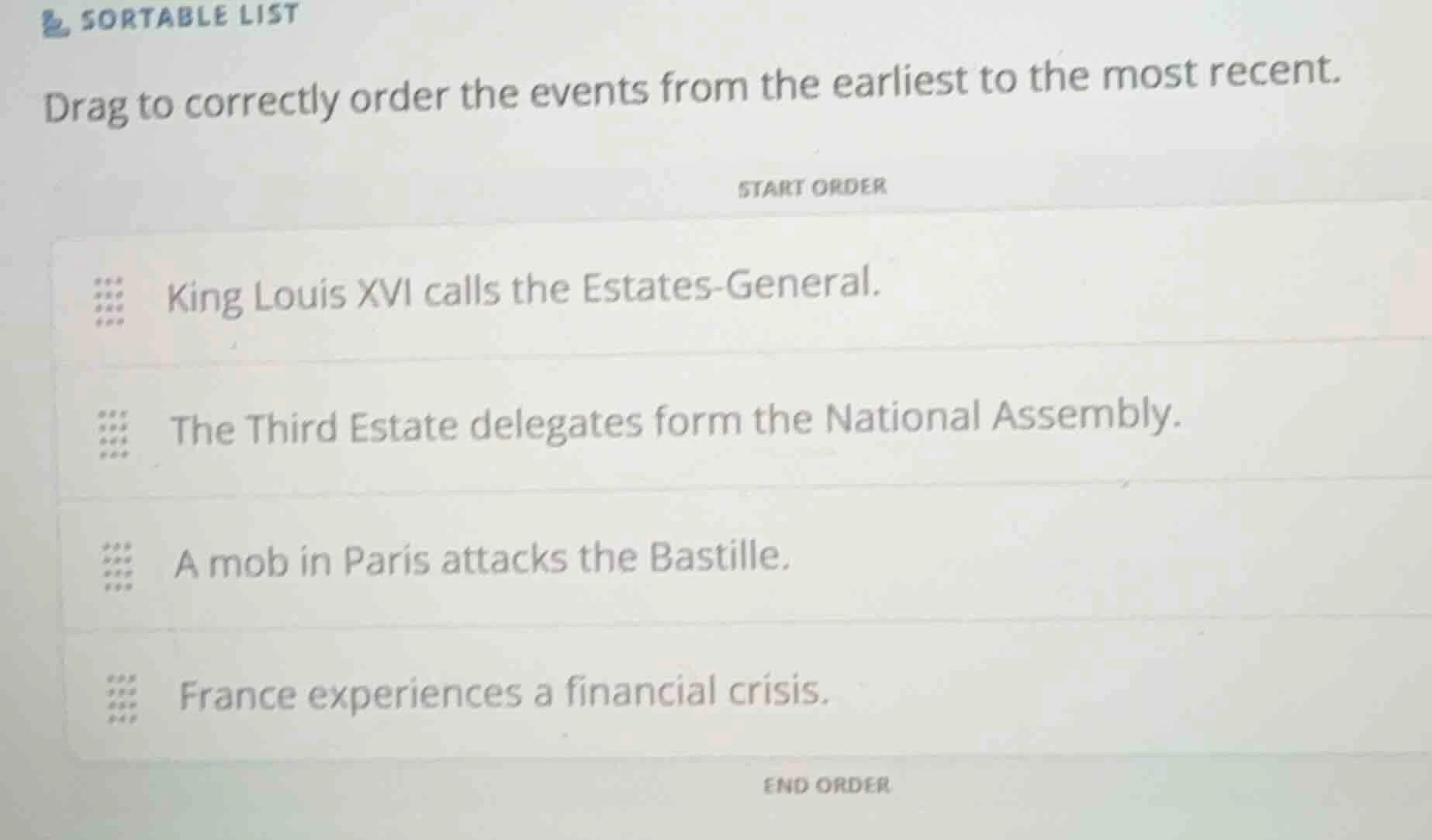 sortable list drag to correctly order the events from the earliest to t…