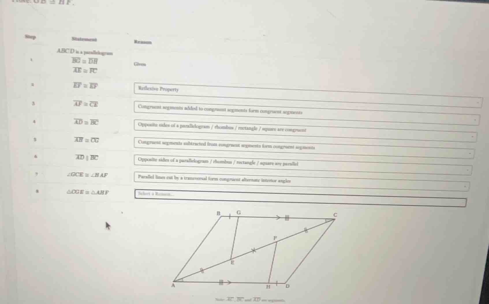 step statement reason abcd is a parallelogram bg ≅ dh given ae ≅ fc ef …