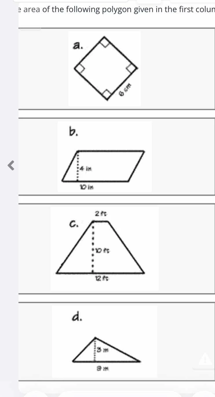 find the area of the following polygon given in the first column a. a s…