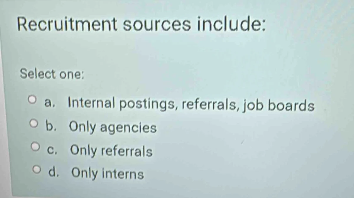 recruitment sources include: select one: a. internal postings, referral…