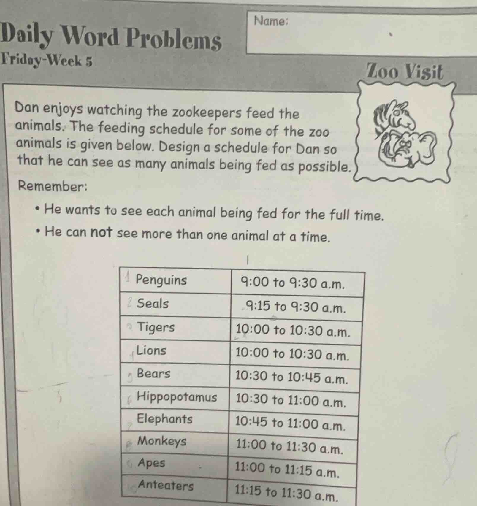 daily word problems friday - week 5 name: zoo visit dan enjoys watching…