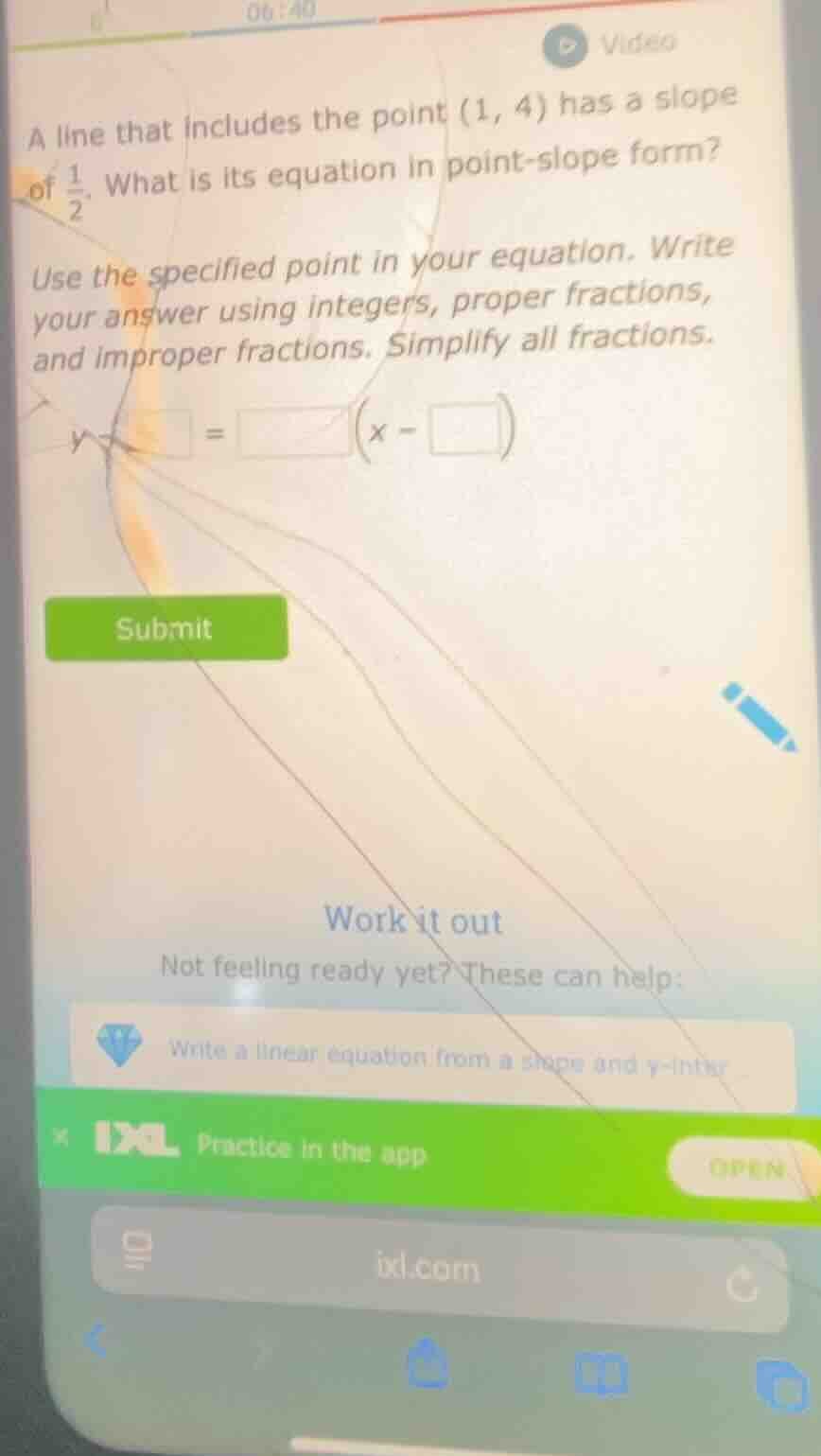 a line that includes the point (1, 4) has a slope of \\(\\frac{1}{2}\\)…