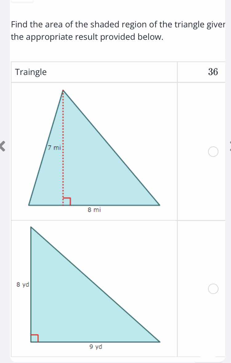 find the area of the shaded region of the triangle giver the appropriat…