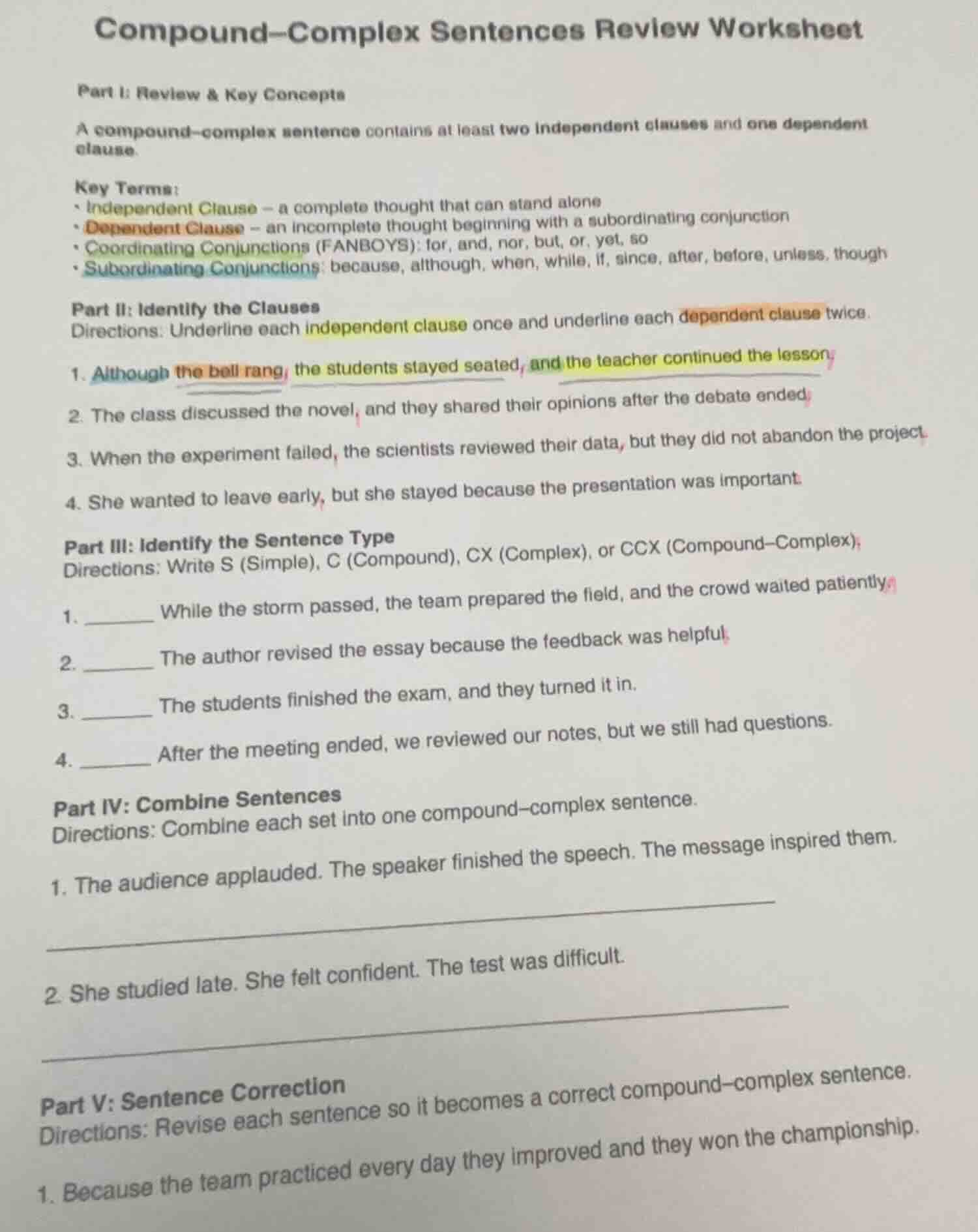 compound-complex sentences review worksheet part i: review & key concep…