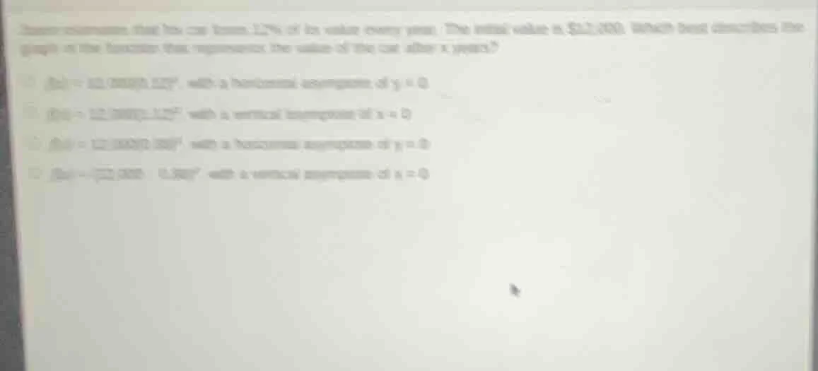 jason determines that his car loses 12% of its value every year. the in…