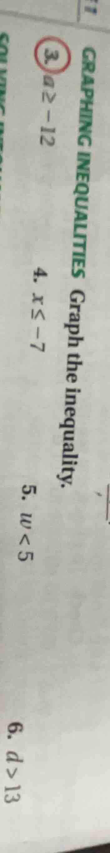 graphing inequalities graph the inequality. 3. ( a geq -12 ) 4. ( x leq…