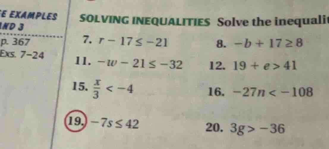 solving inequalities solve the inequalit 7. $r - 17 \\leq -21$ 8. $-b +…