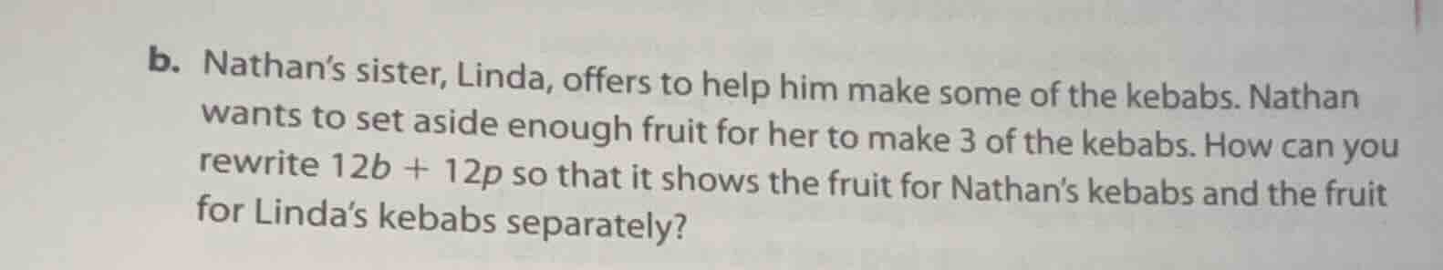 b. nathan’s sister, linda, offers to help him make some of the kebabs. …