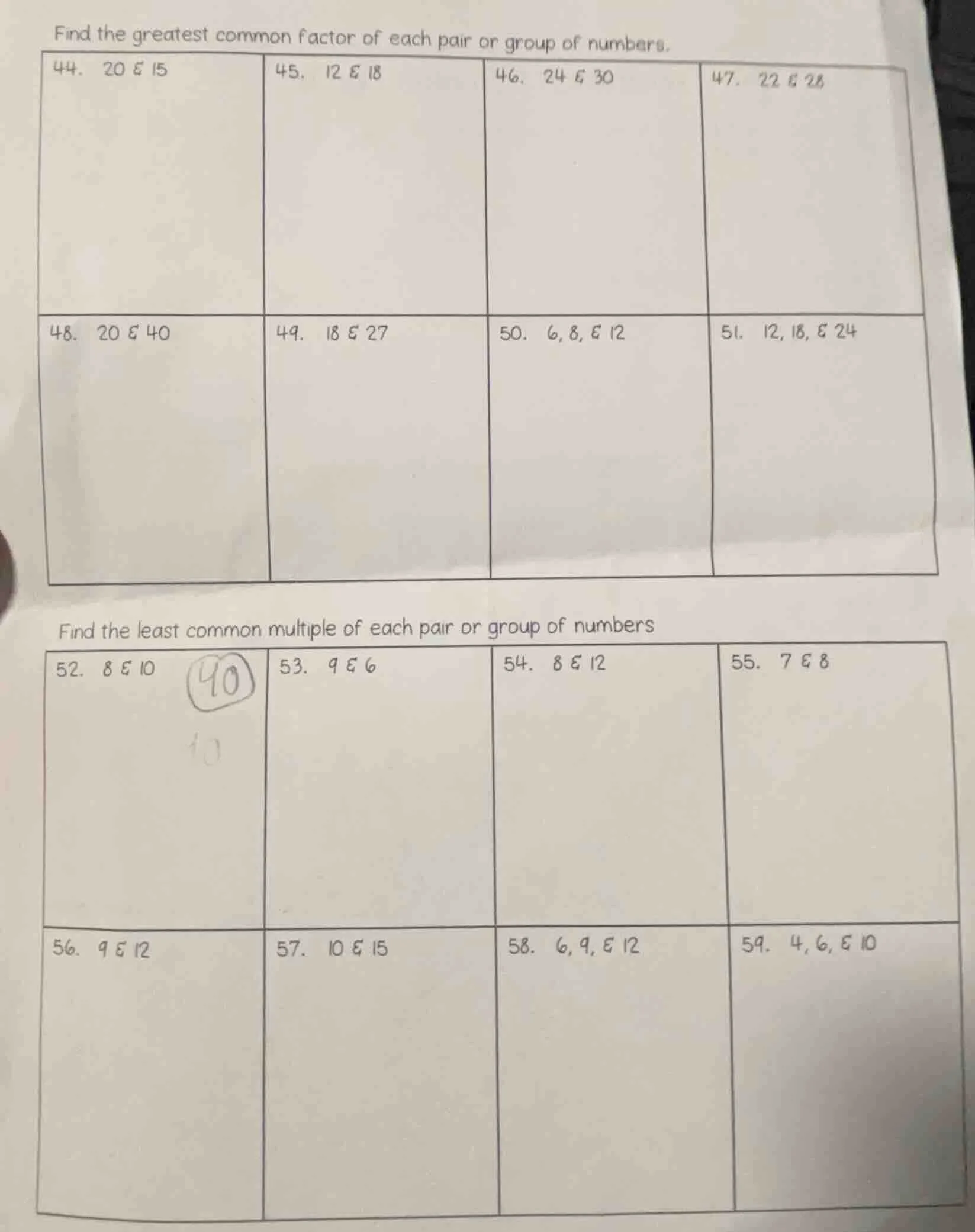 find the greatest common factor of each pair or group of numbers. 44. 2…