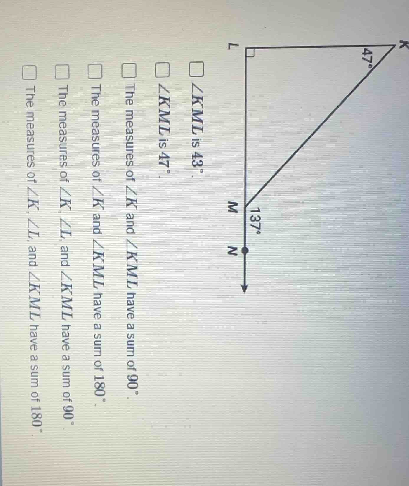 there is a right triangle k l m, with a right angle at l. angle at k is…