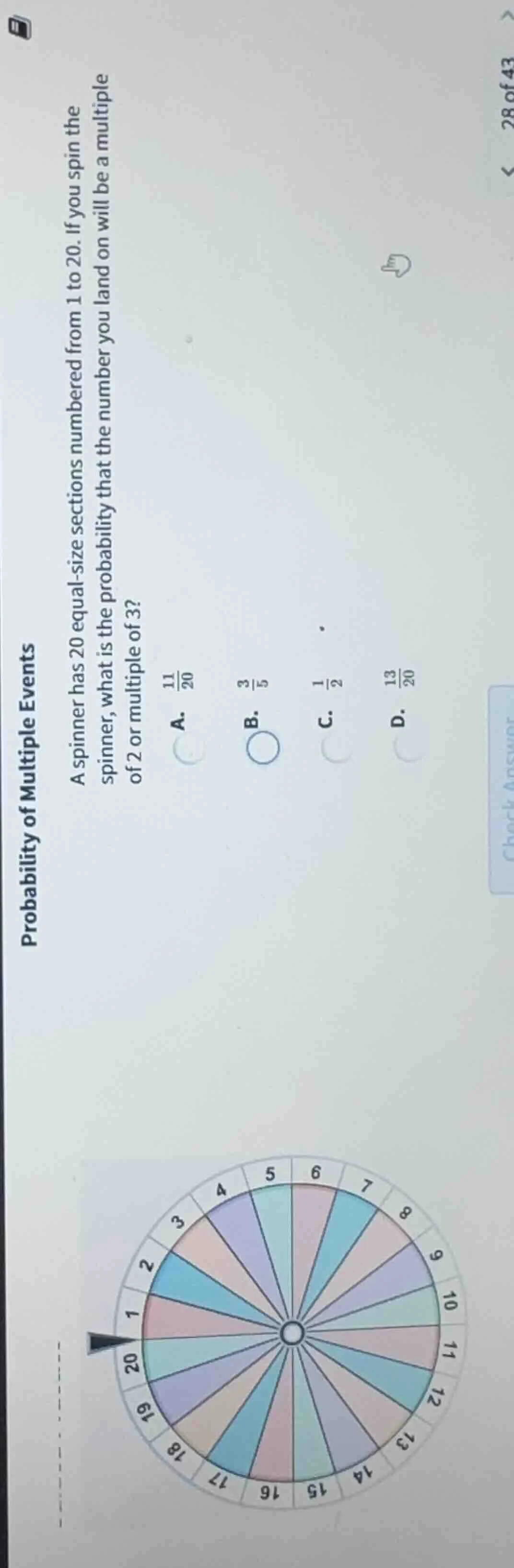 probability of multiple events a spinner has 20 equal - size sections n…