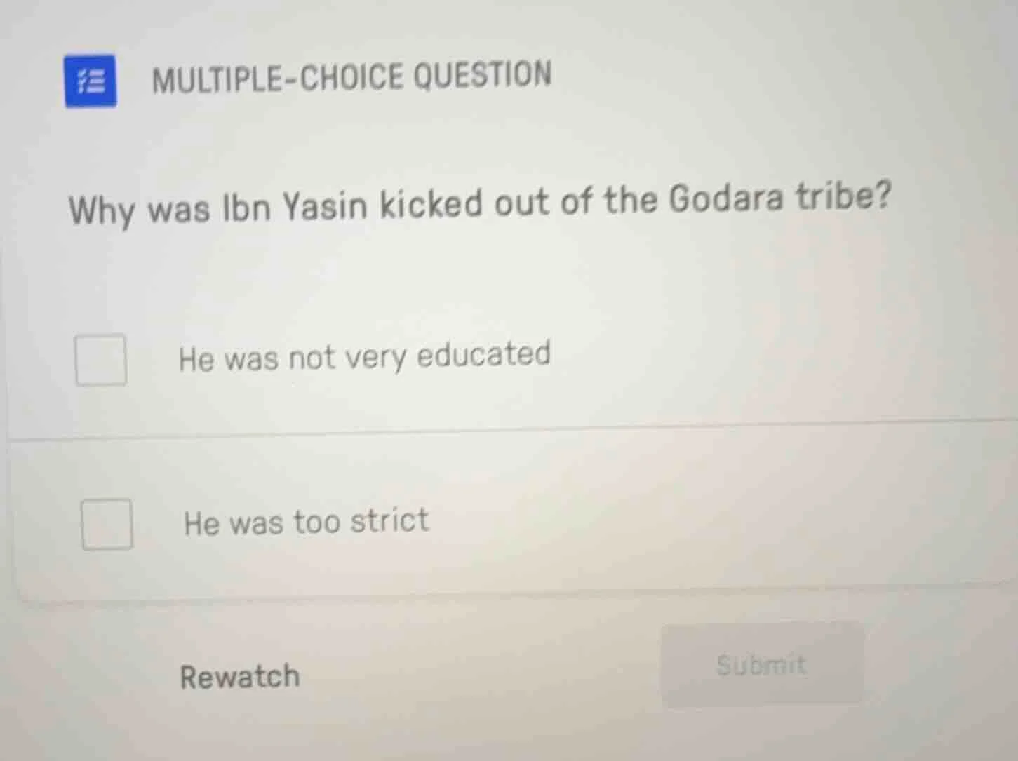 multiple-choice question why was ibn yasin kicked out of the godara tri…