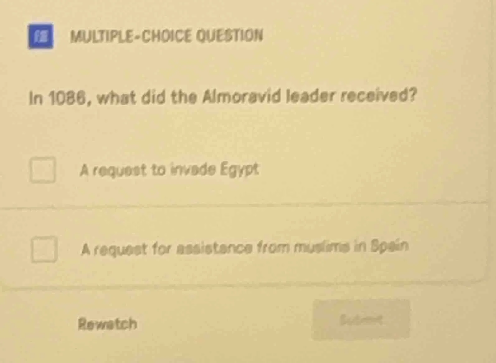 multiple-choice question in 1086, what did the almoravid leader receive…