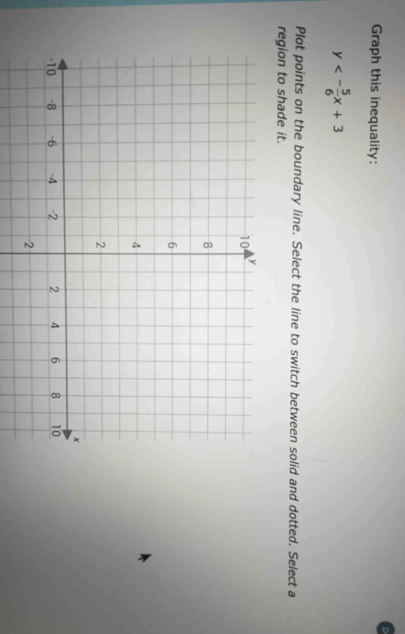 graph this inequality: $y < -\frac{5}{6}x + 3$ plot points on the bound…