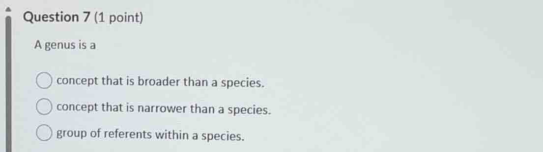 question 7 (1 point) a genus is a concept that is broader than a specie…