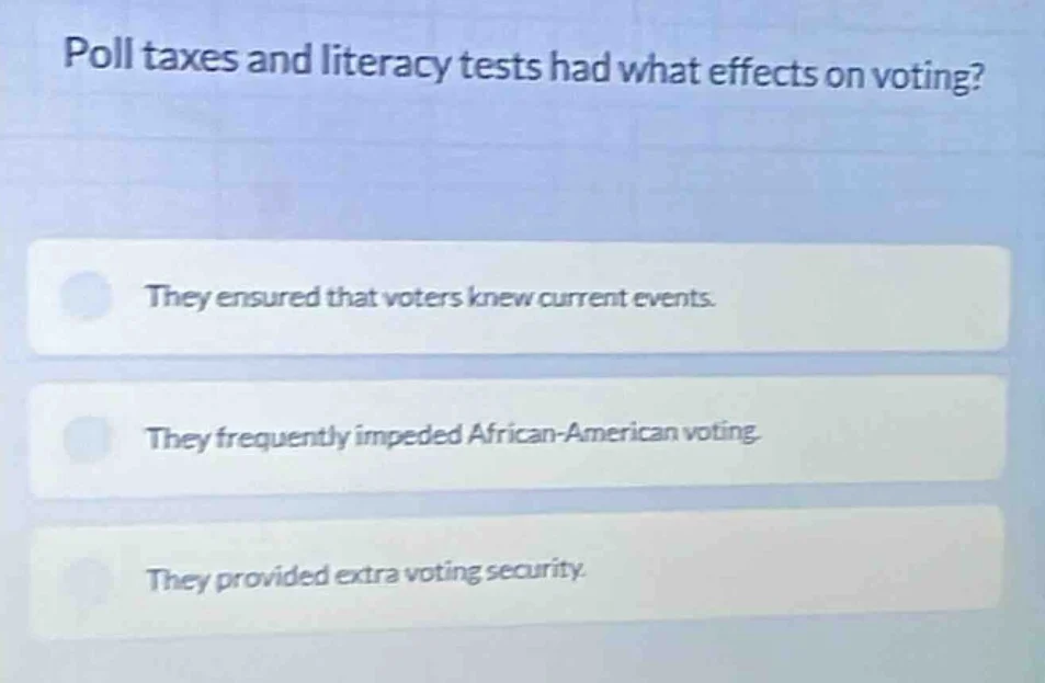 poll taxes and literacy tests had what effects on voting? they ensured …