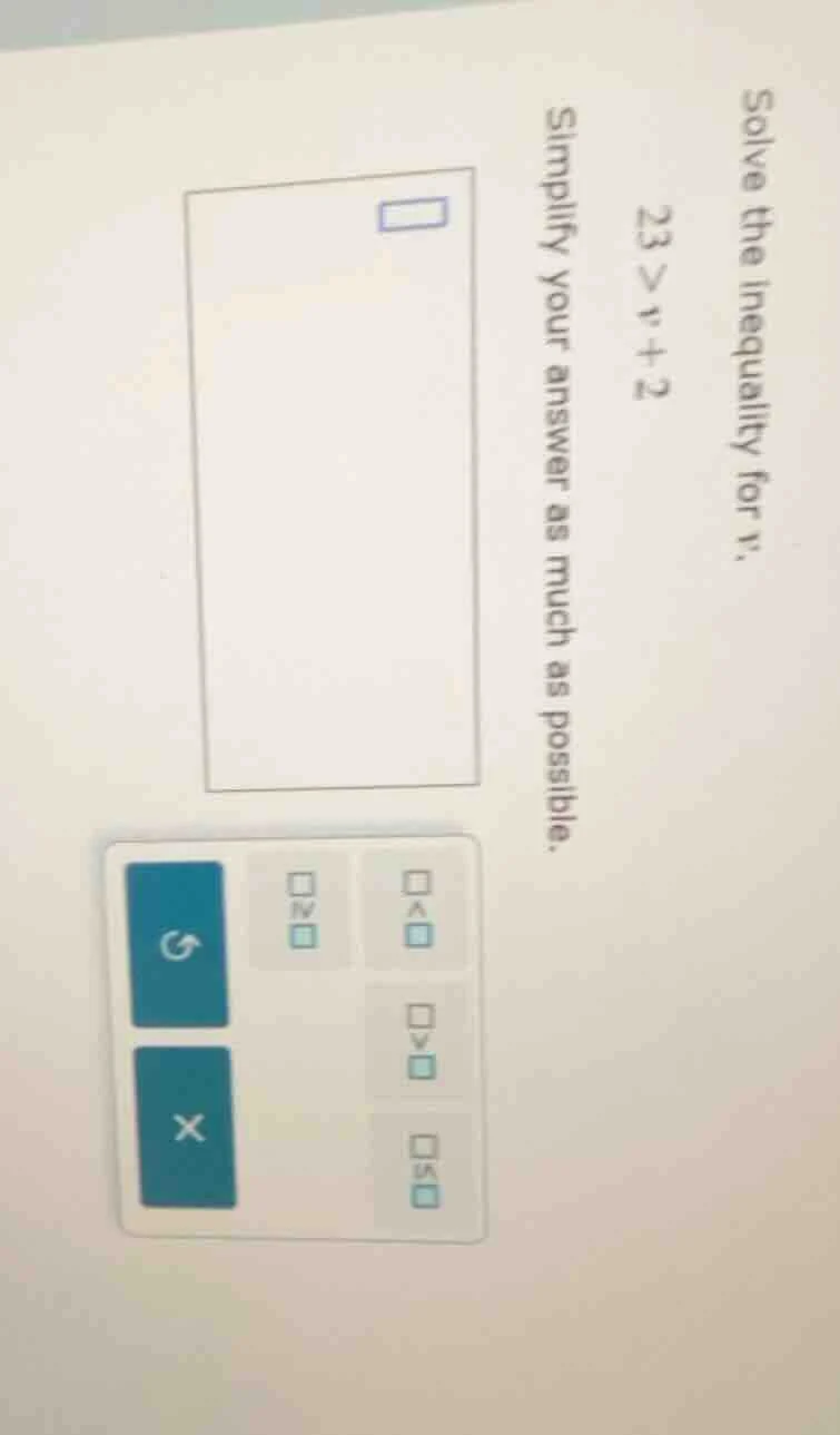 solve the inequality for v. 23 > v + 2 simplify your answer as much as …