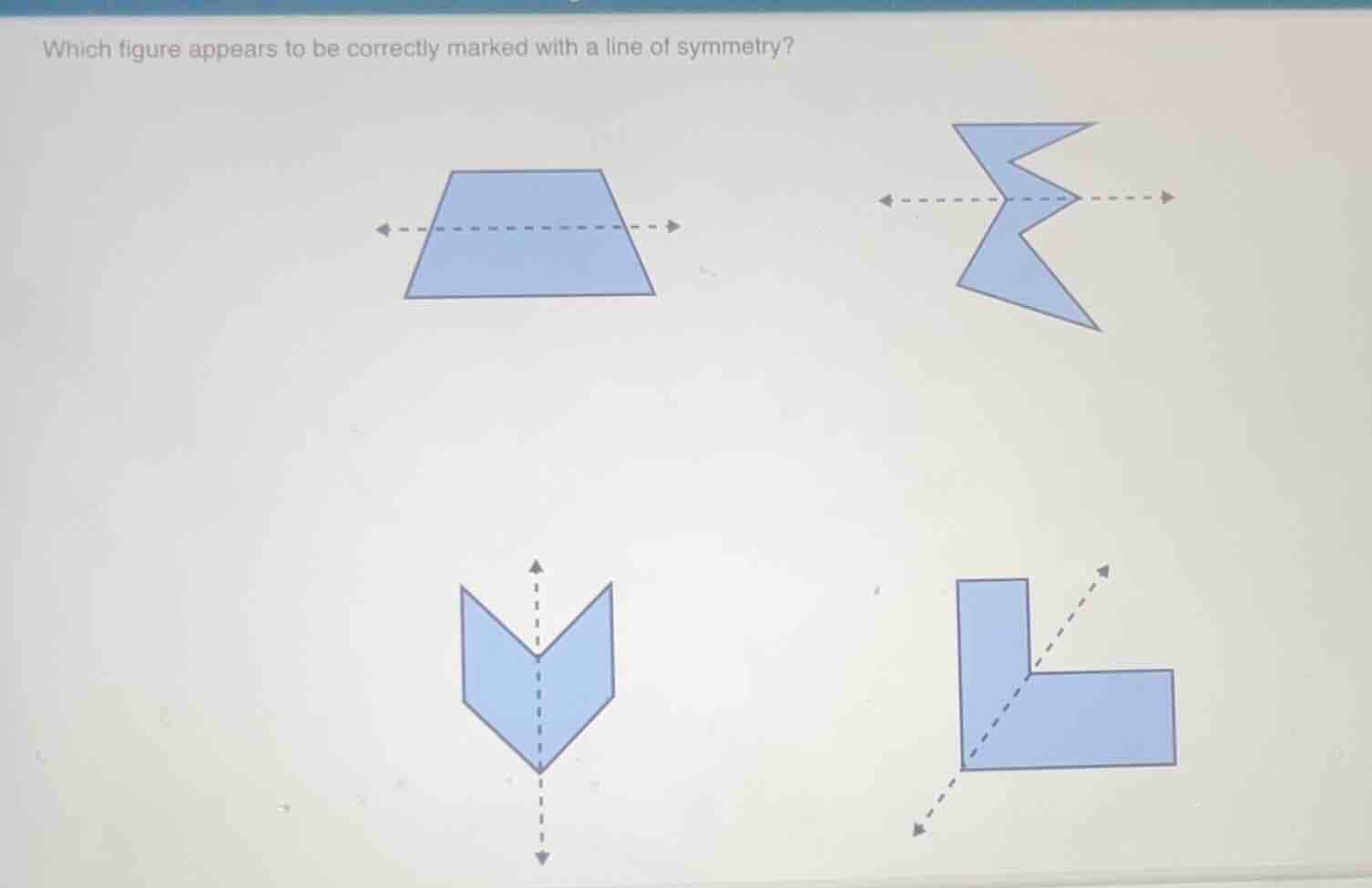 which figure appears to be correctly marked with a line of symmetry? fo…
