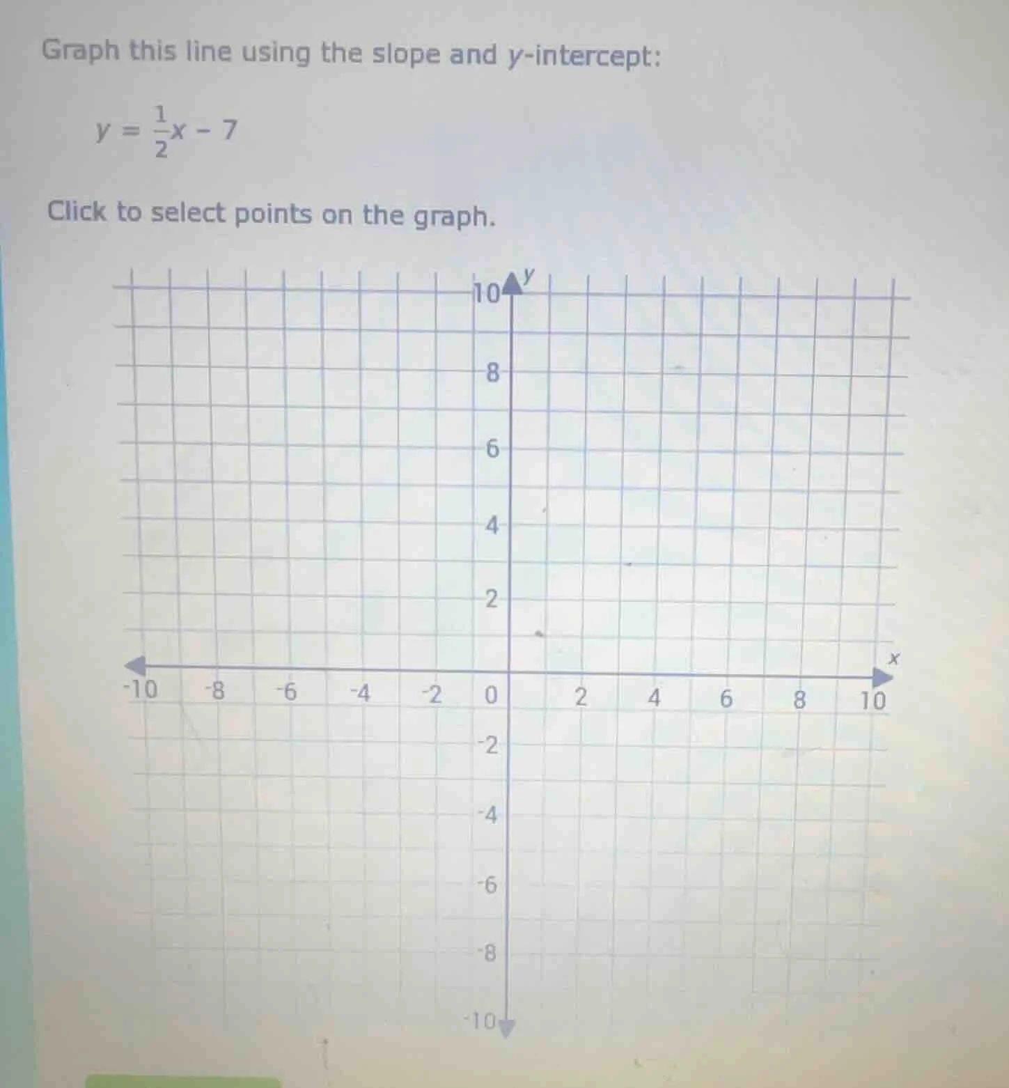 graph this line using the slope and y-intercept: $y = \\frac{1}{2}x - 7…
