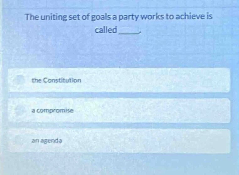 the uniting set of goals a party works to achieve is called _____. the …