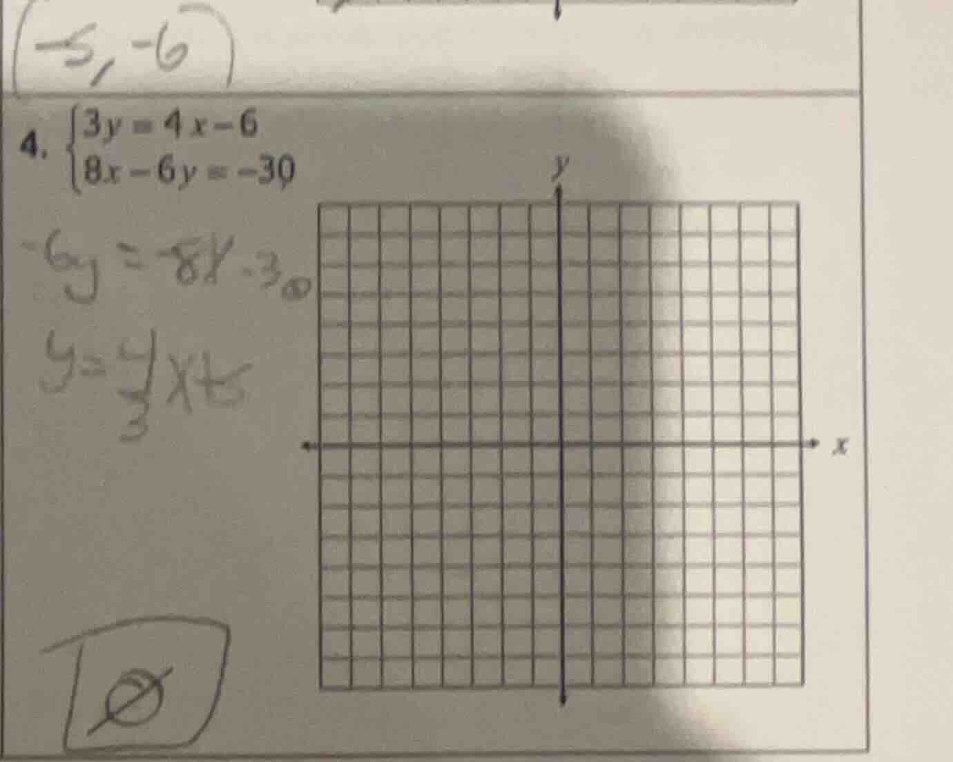 4. \\begin{cases} 3y = 4x - 6 \\\\ 8x - 6y = -30 \\end{cases}