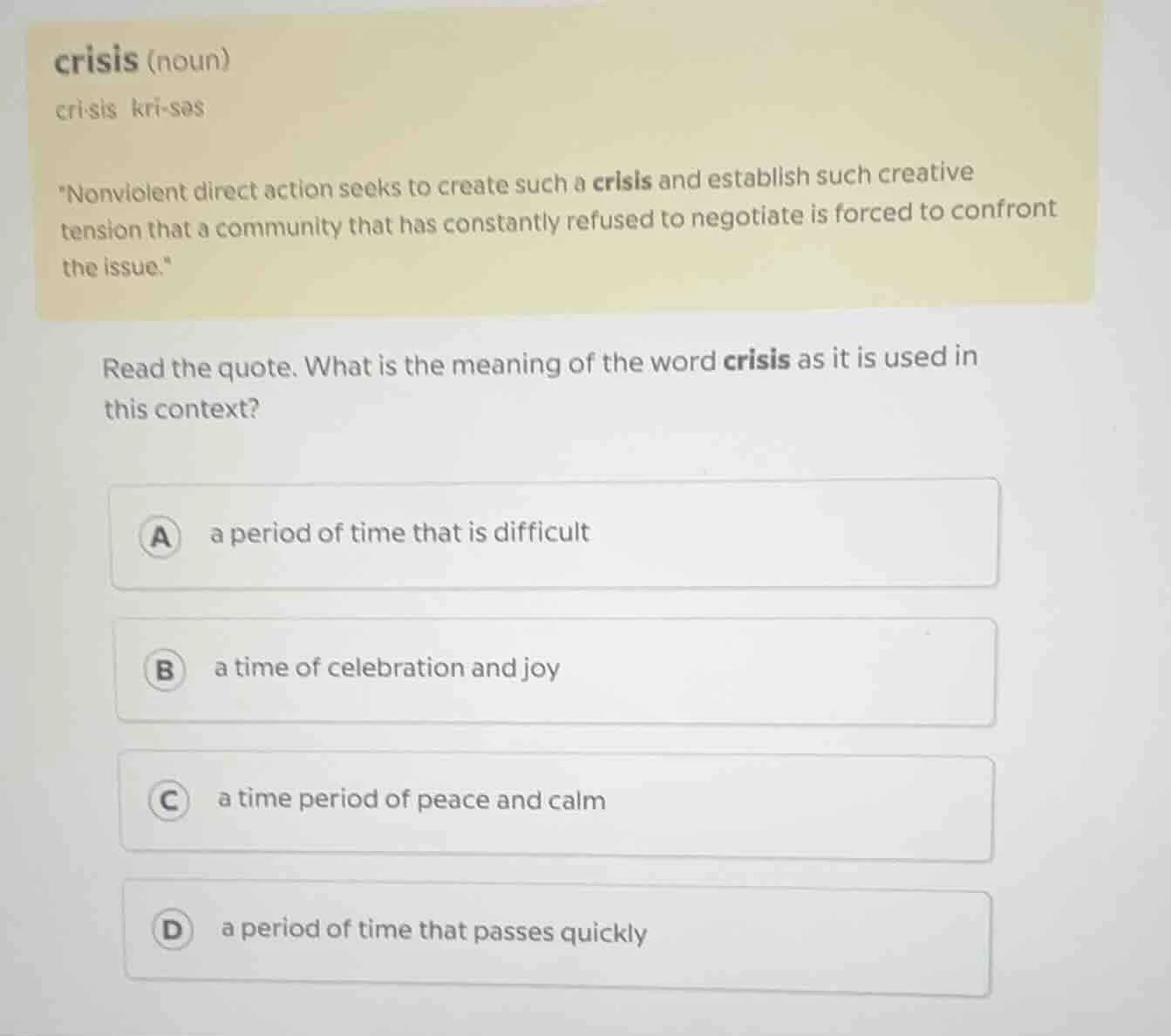 crisis (noun) crisis kri-səs onviolent direct action seeks to create su…