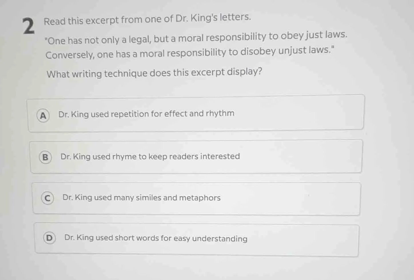 2 read this excerpt from one of dr. kings letters. \one has not only a …