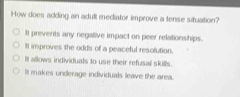 how does adding an adult mediator improve a tense situation? ○ it preve…