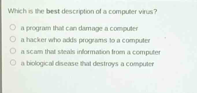 which is the best description of a computer virus? ○ a program that can…